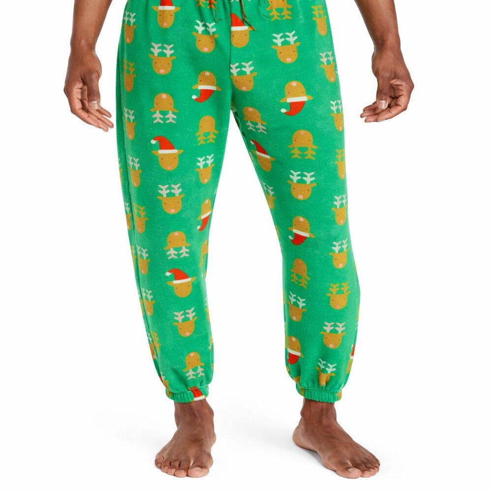 Abound Microfleece Holiday Reindeer Santa Green Pajama Lounge Jogger Pants S
